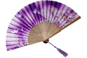 HICET Purple with Butterflies Floral Patterned Hand Fans Come With Fan Bag, Vintage Silk and Japanese Lace Designs with Bamboo Frames, Handheld Folding Fans Perfect for Weddings, Parties and Church Events