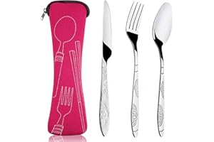 Acehome Cutlery Set with Portable Pouch Case, Stainless Steel Flatware Camping Utensil Set with Neoprene Bag for Outdoor Travel Picnic Office School Lunch Box (3 Pcs Rose Red)