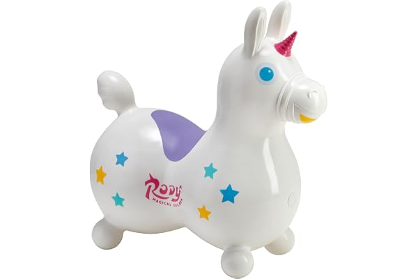 Gymnic Rody Licorne Magique Blanc Gonflable à chevaucher pour Les Enfants de 3 Ans et Plus, Jeu Dynamique et Stimulant pour développer l'équilibre, la Coordination et la motricité