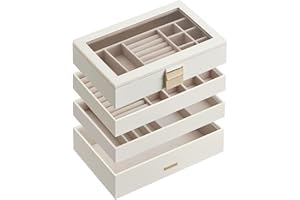‎SONGMICS SONGMICS Pudełko na biżuterię 4 poziomy, tacka na biżuterię do układania w stos, pudełko na biżuterię ze szklaną pokrywką, 17 x 28 x 18,3 cm, wkładka na biżuterię do szuflad, biały JBC164W01