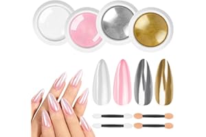 BUTBU 4 Cajas Efecto Espejo Uñas Polvo, Polvo de Uñas de Cromo, Efecto Espejo Uña-s Dorado, Pol-vo Uñ-as Efec-to Perlado, para Decoración de Uñ-as Manicura Nail Art(Oro + Plata+Rosa + Blanco）