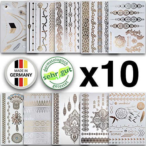 Tatuaggi Temporanei In Diversi Disegni | Adesivi Rimovibili Metallici In Oro E Argento | Set Di 10 Fogli Con 96 Bellissimi Tatuaggi - di Ahimsa Glow®