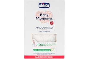 Chicco Baby Moments Amido di Riso, Apaisant et Rafraîchissant, Nettoyage Doux sans Irriter ou Assécher la Peau, Action Émolliente, Bain pour Bébé, Poudre de Talc, 250 g, 0 Mois+