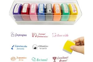 KBIBCK Lot de 8 Tampon Encreur Enseignant Français, Tampon Encreur pour Enfant, Tampons Auto Encreur Tampons Enseignant Maternelle Cadeau pour Professeur TamponEcole avec Boîte pour Encourager Élèves