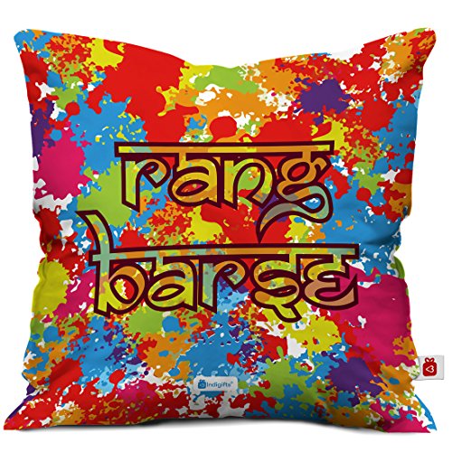 Indigifts Holi Special Rang Barse Quote Colorful Festive Holi Splash Multi Cushion Cover 12x12 inch with Filler - Holi Gifts, Holi Items, Holi Return Gifts, Home Decoration, Colorful Cushion Covers