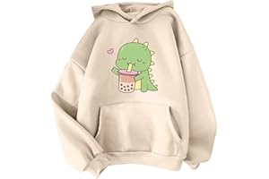 YINGKE Donna Adolescente Kawaii Morbida Felpa con Cappuccio Carino Dinosauro Anime Stampa Maniche Lunghe Autunno Inverno Felpa Ragazze Felpa
