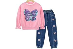 Peacolate Bekleidungssets für Mädchen, Mädchen Kleidung Geschwister Outfit Mädchen 2-teiliges Set Langarm Pailletten Schmetterling Pullover und bestickte Bootcut Jeanshose