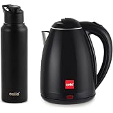 CELLO Pluto Quick Boil Stainless Steel Electric Kettle 1.5L + Sippa Steel Water Bottle 1000ml Combo | Double Wall Cool Touch Outer Body, Auto-Shut Off Protection |Electric Kettle For Boiling Hot Water