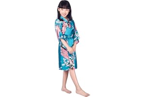 Westkun Kimono Bambina e Ragazze Vestaglia Vestito Cinese Pigiama Accappatoio Giapponese Lunga Estiva Pavone e Fiori Partito Nozze Pigiameria Robe