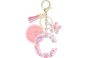 JSRQT Llavero con Letra Inicial Rosa para Mujeres y Niñas, Llaveros de Resina con Letras del Alfabeto y Lentejuelas Florales, Colgantes de Borlas con Pompones Florales, Dije para Bolso