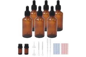 EPISKEY Lot de 6 bouteilles comptegouttes en verre ambré 50 ml avec bouchon de pipette noir et accessoires auxiliaires pour huiles essentielles solutions de parfum mélanges d'échantillons de bricolage (50 ml)