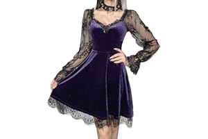 DINGJIUYAN Gothic Lace Velvet Short Dress V Neck Half Moon Sexy Halloween Party Dress Cocktail Casual Mini Dress
