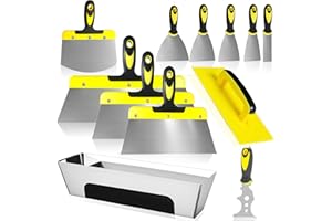 YUJUVI Spachtel Set Flächenspachtel 12-teiliges Spachtel Werkzeug aus Edelstahl 350-25mm mit Kunststoffgriff für Trockenbau, Verputzen, Tapeten entfernen mit Spachtelkasten aus rostfreiem Stahl