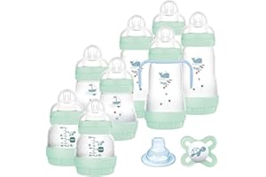 MAM Biberon Set Neonato con 8 biberon anticolica Easy Start, 1 Ciuccio Original Start, 1 Beccuccio extra morbido e 1 Manico, Accessori neonati per ridurre bolle d'aria e il rischio di coliche, Verde