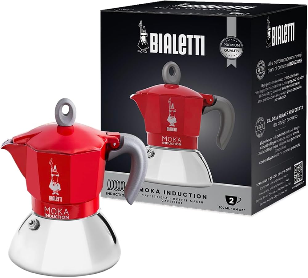 Bialetti - Moka İndüksiyon Kırmızı: 2 Cups Ocak Üstü Espresso Pişirici - 100ml - Alt Hazne: Dış Paslanmaz Çelik İç Alüminyum - Patentli Güvenlik Valfi - İndüksiyon Ocak Türleri İçin Uygundur
