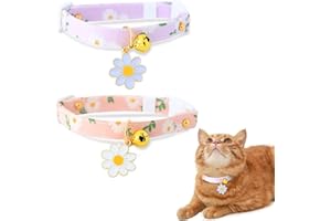 XIXKOLYU® 2-pak odrywana obroża dla kota z bawełny z dzwoneczkami, różowa i fioletowa zawieszka kwiatowa, słodka obroża dla kotów, idealna dla kotów