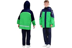 JinBei Enfants Imperméable Garçon Fille Combinaison de Pluie Léger Ensemble Pluie à Réfléchissant Pantalon et Veste Zip Boutons à Capuche Pliante Costume 2 Pièces pour Écoles Camping, 8-14 Ans
