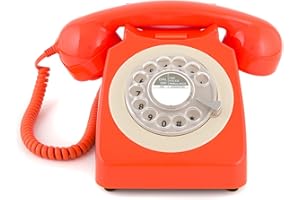GPO 746 Téléphone fixe rétro de style années 1970 à cadran rotatif - Cordon extansible, sonnerie authentique - Orange