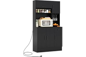 ‎COSTWAY COSTWAY Küchenschrank Holz, Buffetschrank mit Steckdosen & USB-Anschlüsse & Type C, Hochschrank mit verstellbaren Regalen & Schublade, für Küche Wohnzimmer, 90 x 39 x 167 cm, Schwarz