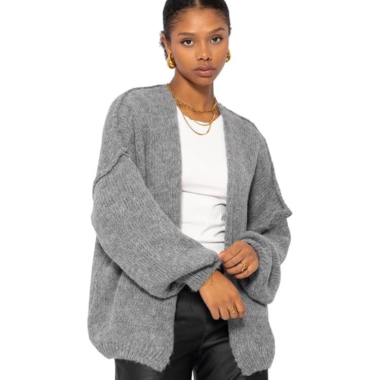 Produktbild von SASSYCLASSY Cardigan Strickjacke Für Damen Mit Stehkragen Cardigan Aus Grobstrick Mit Wolle Und Alpakawolleanteil Taupe Beige S04fc0xo