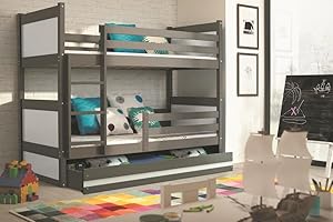 ‎INTERBEDS Interbeds Etagenbett Hochbett RICO 90x190cm Farbe: Grau, Kinderbett mit Latternoste und Matratzen (WEIβ)