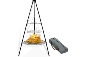 CCLIFE Krata obrotowa na trójnogu z rusztem, kociołek, przenośny grill, obrotowy, antypoślizgowy, idealny do kempingu i ogrodu.