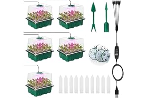 HIULLEN 5 PCS Zimmergewächshaus Anzuchtkasten mit Pflanzenlampe, Mini Gewächshaus Anzucht Set mit Timergesteuerten, 12 Loch Setzling Starter Tabletts Treibhaus Anzuchtschale