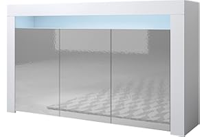 MB Muebles Bonitos | Modèle Aker | Buffet Bahut Meuble Salon Salle à Manger avec 3 Portes et LED | Dimensions Meuble: 155 x 91,5 x 37cm | Couleur Blanc et Gris Brillant