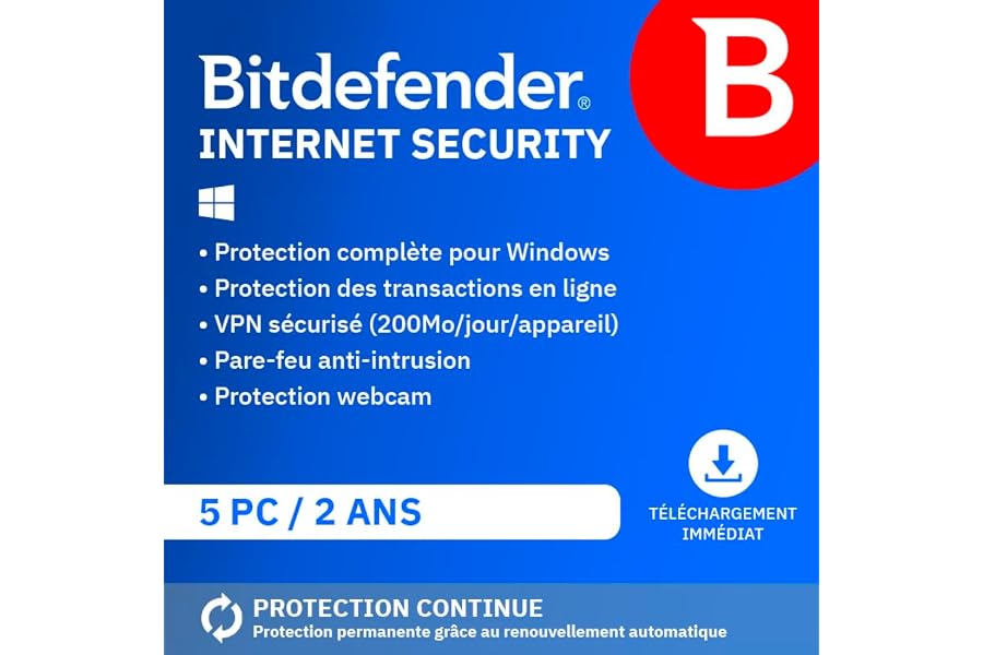 Bitdefender Internet Security 2025 | 5 Appareils | 2 Ans | PC | Code d’activation par email | Renouvellement Automatique