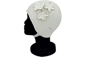 Blue Reef Oslo Bubble - Gorro de natación para mujer, diseño floral, clásico, retro, 3 flores, tono sobre tono, pétalo 3D, elegante, vintage, talla única, para adultos, con correa ajustable (blanco)