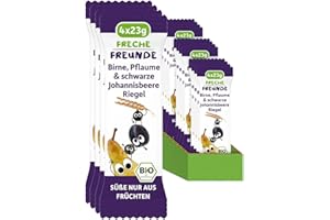 ‎FRECHE FREUNDE FRECHE FREUNDE Bio Fruchtriegel Birne, Pflaume & schwarze Johannisbeere, Obst Riegel für Babys und Kinder ab 1 Jahr, fruchtiger Snack ohne Zuckerzusatz, vegan, laktosefrei, 6er Pack, 6x (4x 23g)