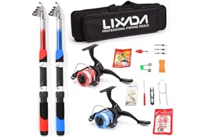 Lixada Kit Completo de Carrete de Caña de Pescar con 2 Cañas de Pescar Telescópicas de 2,1 m, 2 Carretes Giratorios, Señuelos de Pesca, Anzuelos, Accesorios, Bolsa de Pesca multicolor