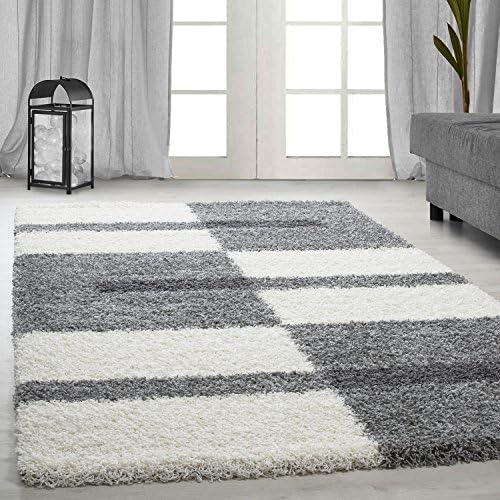 High pile Shaggy carpets striped beige, green, gray, light gray, purple, red, turquoise, taupe, terra living room carpets with 3 cm pile height 2505, Color:Lightgrey, Size:160x230 cm