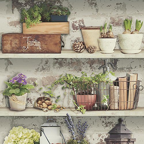 Muriva Tapete Gartenschuppen Stein Tapete Muster Garten Regal rustikal Blumen L13804