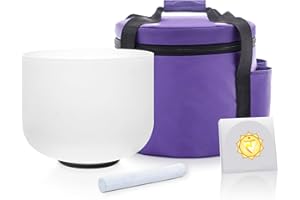 KVKA 432 Hz Crystal Singing Bowl White Bowl Frosted 8 Inch Chakra Sound Healing Quartz with O-Ring, Mallet, Carry Case (E Note Solar Plexus Chakra)