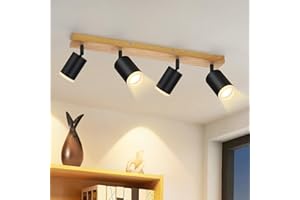 ‎ZMH ZMH Deckenstrahler 4 Flammig Deckenspots Schwarz - Küchenlampe Holz GU10 Wandstrahler 350° Drehbar Vintage Küche Strahler Industrial Retro Spots für Wohnzimmer Schlafzimmer Flur (Ohne Leuchtmittel)