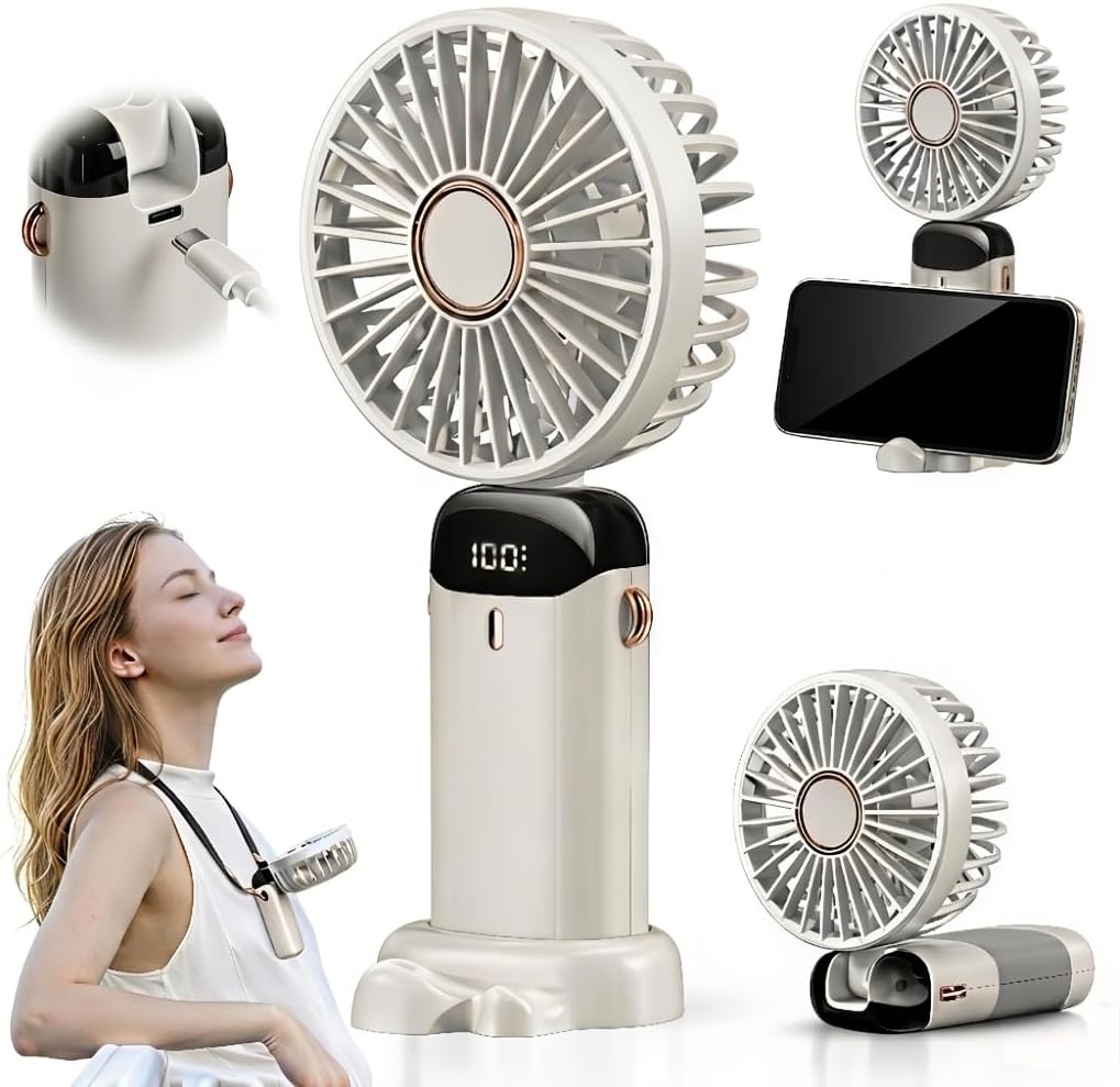 MENZZA® Ventilador Portatil 3 En 1 I 5 Velocidades I Ventilador De Mesa Recargable Por USB I Mini Ventilador Silencioso De Mano + Base + Cuerda Cuello Incluidas I 5000mAh.