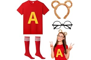 DAZZROI 4Pcs Chipmunks Costumes Set with Chipmunk Headband Glasses T-shirt Soccer Socks, Chipmunks Fancy Dress Outfit Party Animal Cosplay for Adults Teens World Book Day Halloween Dress Up