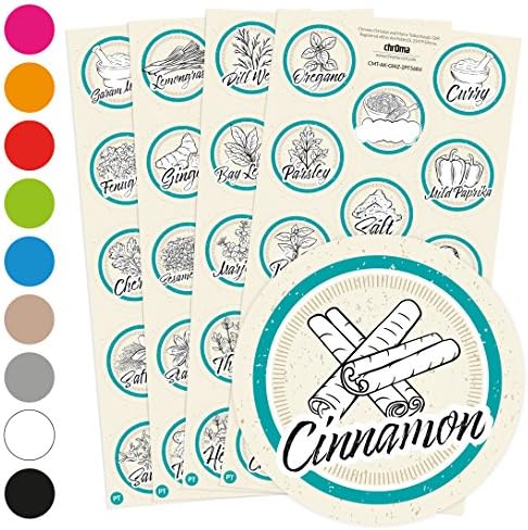 56 Herb and Spice Labels/Stickers Individual Illustrations of the spices for Racks, Jars or Tins – Pre Labeled – Self Adhesive – 9 Different Colours 4 cm Diameter Circle Round teal