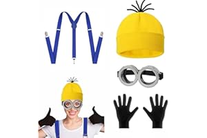 ALNILK 4 Stück Karneval Kostüm Kinder/Erwachsener: Minon Cosplay Brille Handschuhe Knöpfe Hosenträger Party Karneval Kostüm Damen Herren Kostüm Zubehör,Gelbe Mütze