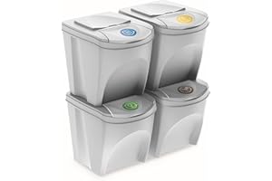 Prosperplast 160566 Juego de 4 Cubos de Reciclaje 100L Sortibox de plastico en Color Blanco, 100 litros