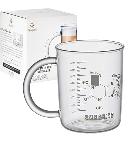 Tasse Bécher En Verre Borosilicate 450 Ml - Motif Molécule De Caféine - Avec Poignée Et Graduations - Cadeau Scientifique Ou Café