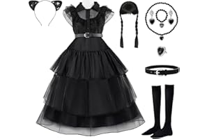 AICEROUS Disfraz Miercoles Niña(4-15), Vestido de Miercoles con Peluca y Accesorios, Vestido de Princesa Negro, Vestido Gótico, ideal para Carnaval, Mascarada, Halloween y Cosplay