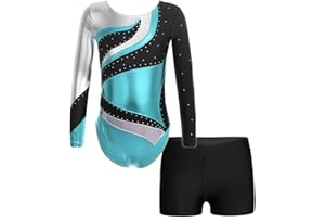 ranrann Enfant Fille Justaucorps Gymnastique Brillant avec Short Ensemble Danse Gym Strass Costume Spectacle Tenue 3-16 Ans