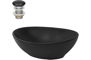 ML DESIGN MODERN LIVING ML-Design Waschbecken Keramik Schwarz Matt 41x33,5x14,5cm Oval inkl. Ablaufgarnitur ohne Überlauf, Moderne Aufsatzwaschbecken Waschtisch Waschschale Waschplatz Handwaschbecken, für Badezimmer/Gäste-WC