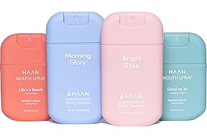 Haan - Spray idratante per le mani con aloe vera e spray orale (confezione da 4) – 1 unità per fragranza e sapore: Morning Glory, Bright Rose, Fragola e Menta
