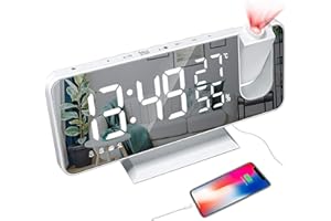 RUNMEIHE Despertador Digital de Proyección, Radio Despertador con 180° Rotativo Proyector Cargador USB Humedad Temperatura, Snooze Dual Alarma Ajustable Brillo LED Espejo(Blanco)