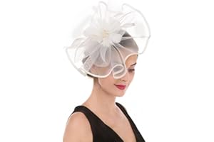 HAOJING Fascinator Hat Feather Mesh Net Veil Party Hat Ascot Hats Flower Derby Hat with Clip and Hairband for Women
