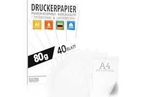 ELES VIDA Papier do drukarek A4 80g biały – 40 arkuszy - PREMIUM PAPIER Czysty biały - DIN A4 21 x 29,7 cm - Papier do kopiowania, drukarki laserowe i atramentowe dla uczelni, fotografii, prezentacji Idealny do