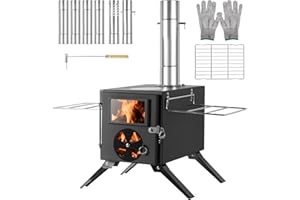 LAMA Réchaud de camping pour tentes chaudes, poêle à bois en acier inoxydable avec tuyaux de cheminée et côtés en acier inoxydable pour tentes, abri, réchaud portable d'extérieur pour chauffage de